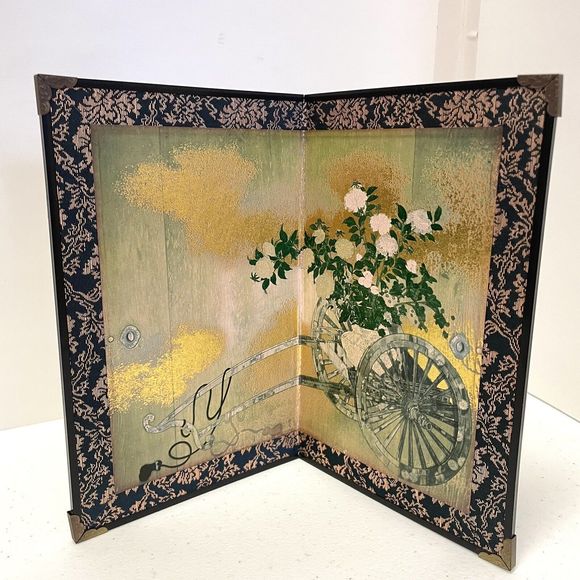 Japanese Folding Screen Flower Cart Painting 2-panel With Gold Fabric Trim 10x8 - Picture 1 of 8